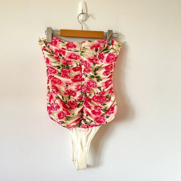 Zara  Draped Floral Strapless Bodysuit in Ivory & Pink Size Medium NWT - Picture 7 of 11